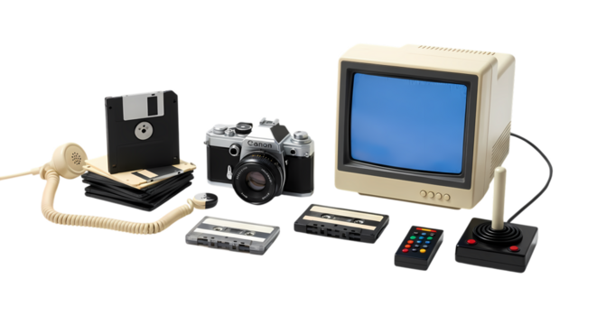 Vintage tech collection evoking nostalgia, featuring a retro computer monitor, camera, game controller, and cassettes, embodying 80s and 90s culture
