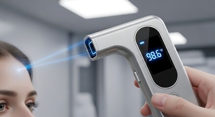 A medical professional uses a modern touchless invention, an infrared digital thermometer, to check a person's temperature on their forehead