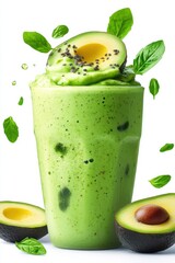 avocado smoothie splash with avocado slices, isolated on white background