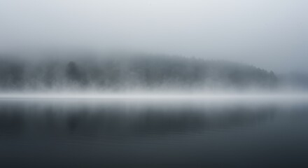 Fototapeta premium Still body of water displays rising mist above a distant, obscured shoreline under overcast conditions.