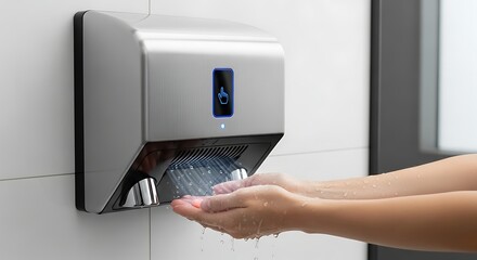A person using a modern touchless electric hand dryer in a public washroom. This hygienic, contactless invention helps maintain sanitation and prevent germ spread