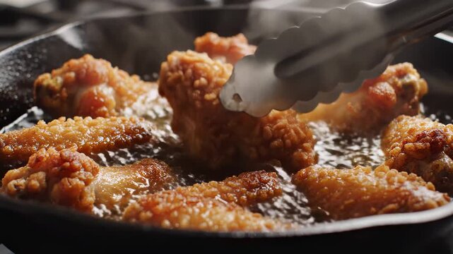 Crispy Fried Chicken Wings Sizzling in Hot Oil.