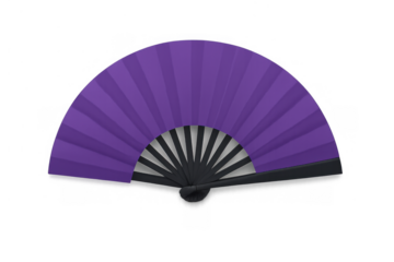 Purple hand fan opening, traditional folding accessory for cooling and cultural events, transparent background