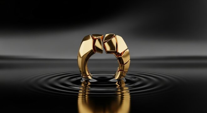 Abstract golden ring with fractured design creating ripples in dark liquid
