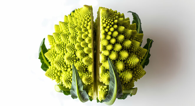 Vibrant romanesco broccoli halves show fractal pattern, an intriguing food concept showcasing nature's art, perfect for healthy eating campaigns and culinary designs