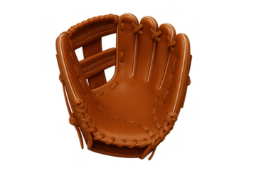 Baseball glove made of brown leather, sports equipment for catching a ball during a game, transparent background