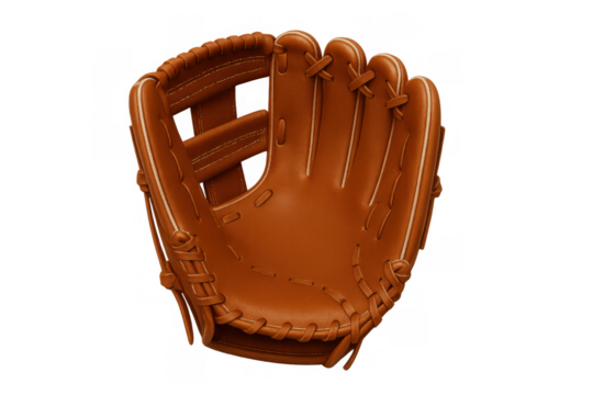Baseball glove made of brown leather, sports equipment for catching a ball during a game, transparent background - Powered by Adobe