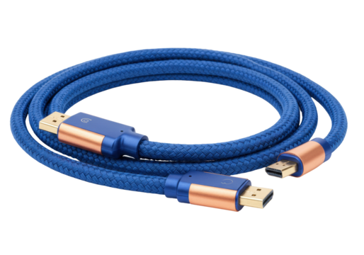 Isolated HDMI cable features gold-plated connectors and a blue braided jacket, with multiple loops
