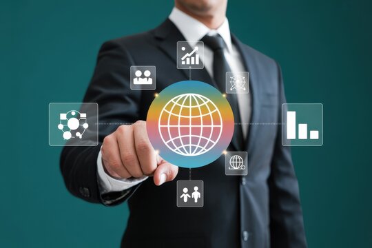 Businessman managing a global business network through a futuristic digital interface