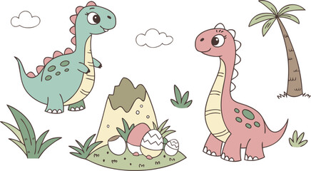 Vector illustration of dinosaurs including Stegosaurus, Velociraptor, Triceratops, Tyrannosaurus rex, Spinosaurus, Brontosaurus, and Pterosaurs.a cute cartoon vector illustration