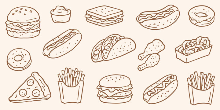 Hand-drawn fast food vector set — burgers, hot dogs, tacos, fries, pizza slice, donuts, chicken wings and snacks. Perfect for menus, stickers, packaging and street food branding - Powered by Adobe