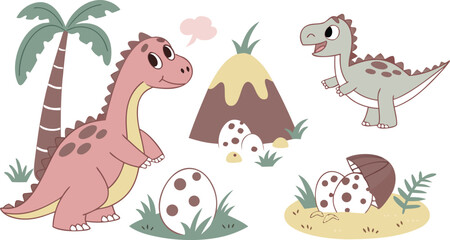 Vector illustration of dinosaurs including Stegosaurus, Velociraptor, Triceratops, Tyrannosaurus rex, Spinosaurus, Brontosaurus, and Pterosaurs.a cute cartoon vector illustration