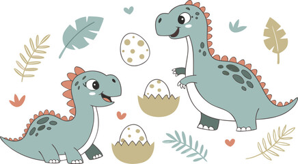 Vector illustration of dinosaurs including Stegosaurus, Velociraptor, Triceratops, Tyrannosaurus rex, Spinosaurus, Brontosaurus, and Pterosaurs.a cute cartoon vector illustration