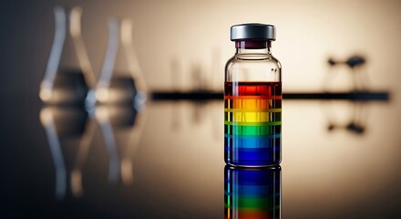 Vial of multicolored medicine representing a universal vaccine solution in a clinical laboratory setting with scientific equipment