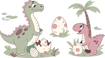 Vector illustration of dinosaurs including Stegosaurus, Velociraptor, Triceratops, Tyrannosaurus rex, Spinosaurus, Brontosaurus, and Pterosaurs.a cute cartoon vector illustration