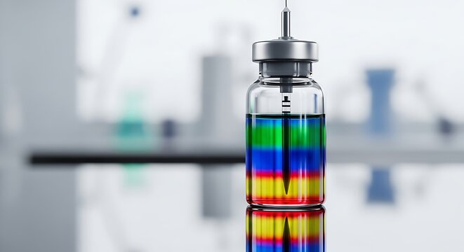 A glass vial filled with a vibrant rainbow-colored liquid vaccine, with a syringe needle ready for injection in a sterile clinical laboratory