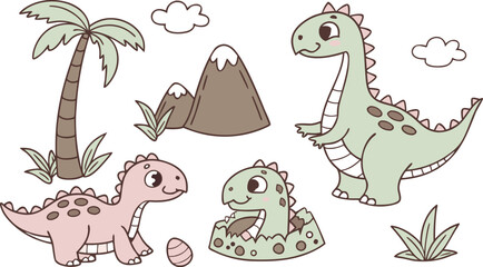 Vector illustration of dinosaurs including Stegosaurus, Velociraptor, Triceratops, Tyrannosaurus rex, Spinosaurus, Brontosaurus, and Pterosaurs.a cute cartoon vector illustration