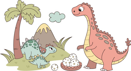 Vector illustration of dinosaurs including Stegosaurus, Velociraptor, Triceratops, Tyrannosaurus rex, Spinosaurus, Brontosaurus, and Pterosaurs.a cute cartoon vector illustration