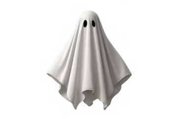White sheet ghost floating, embodying a spooky halloween costume and supernatural spirit on transparent background