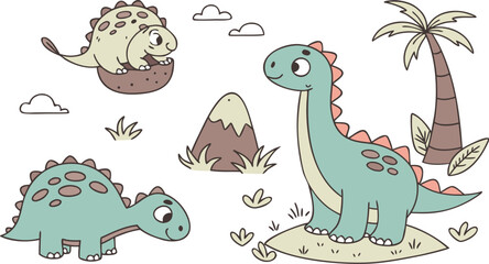 Vector illustration of dinosaurs including Stegosaurus, Velociraptor, Triceratops, Tyrannosaurus rex, Spinosaurus, Brontosaurus, and Pterosaurs.a cute cartoon vector illustration