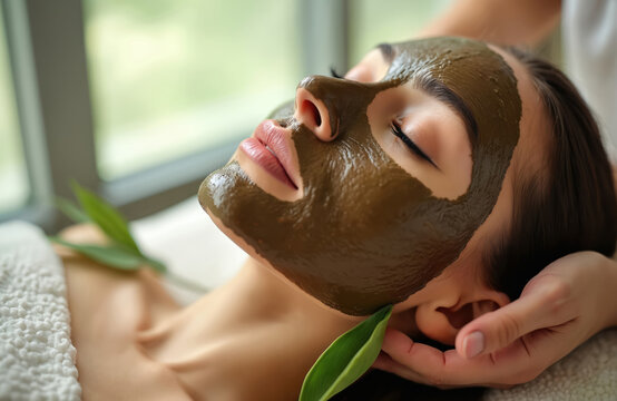 Woman receives herbal face mask treatment in spa. Relaxed client enjoys deep cleansing therapy promoting skin rejuvenation, wellness. Natural ingredients offer holistic approach to beauty, self-care.