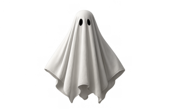 White sheet ghost floating, embodying a spooky halloween costume and supernatural spirit on transparent background