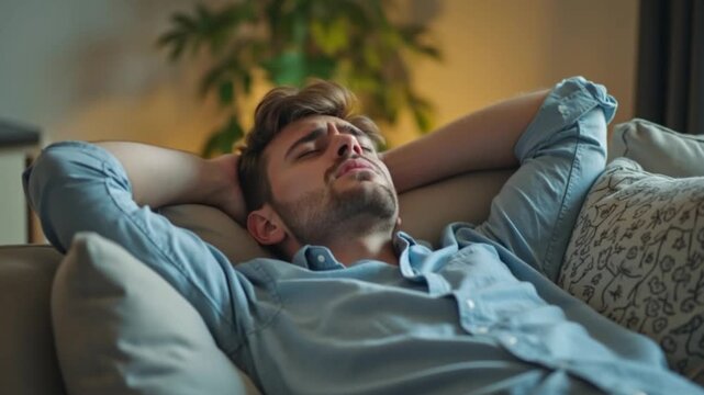 Peaceful man resting, finding tranquility and respite on the couch, drifting off to sleep, enjoying serene relaxation in his cozy home, a moment of blissful escape