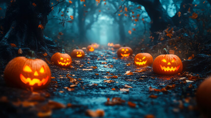 Glowing carved jack o lantern pumpkins lining dark eerie forest path with fallen autumn leaves in spooky Halloween scene at night