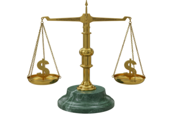 Isolated scales of justice with two dollar symbols, wealth concept, prosperity comparison idea