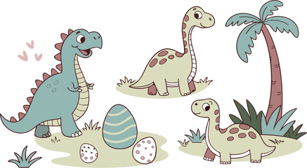 Vector illustration of dinosaurs including Stegosaurus, Velociraptor, Triceratops, Tyrannosaurus rex, Spinosaurus, Brontosaurus, and Pterosaurs.a cute cartoon vector illustration