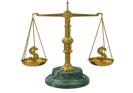 Isolated scales of justice with two dollar symbols, wealth concept, prosperity comparison idea