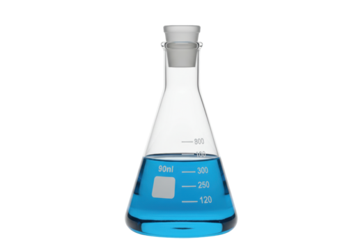 Isolated Erlenmeyer flask with blue liquid inside, chemical laboratory glassware equipment