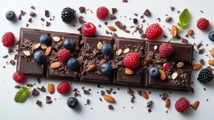 Flat lay dark chocolate cake with berries and almond flakes on white background
