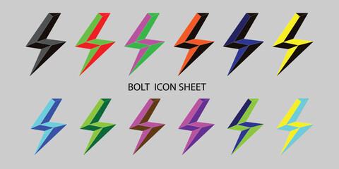 Set of twelve colorful lightning bolt icons vector collection representing power energy speed electricity and danger warning symbols in a vibrant three dimensional style