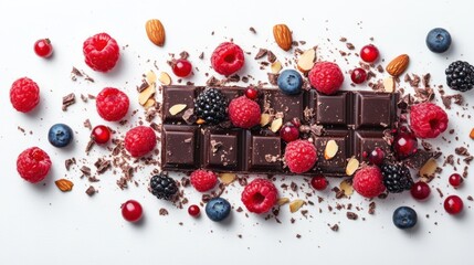 Flat lay dark chocolate cake with berries and almond flakes on white background