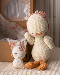 Handmade crocheted ducklings toys, amigurumi. Handmade soft bird toys.