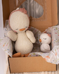 Handmade crocheted ducklings toys, amigurumi. Handmade soft bird toys.