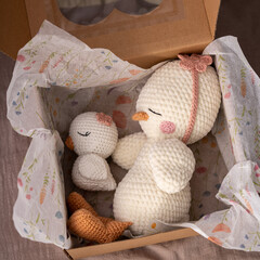 Handmade crocheted ducklings toys, amigurumi. Handmade soft bird toys.