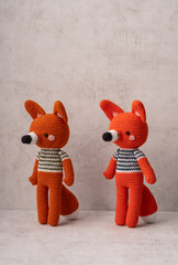 Handmade crochet fox toy, amigurumi. Handmade stuffed toys. 