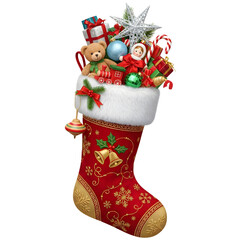 Festive Christmas stocking overflowing with joyful gifts, teddy bear, toys, and candy canes, perfect for holiday cheer and seasonal designs