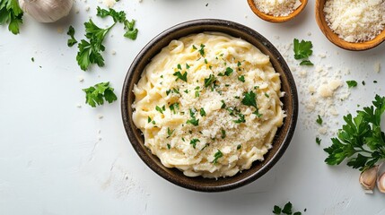 Flat lay creamy pasta carbonara with chopped parsley and parmesan on white background