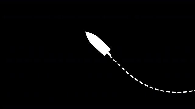 speedboat with dotted path to the left animation on black background. 4k video dashed line path route animation