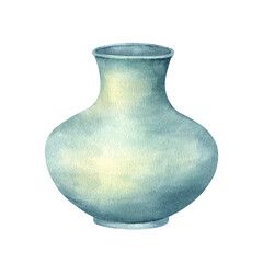 Turquoise flower vase. Empty open ceramic vessel. Watercolor clip art in vintage style isolated from background. Cozy home decor art element. Hand drawn illustration for design of spring composition