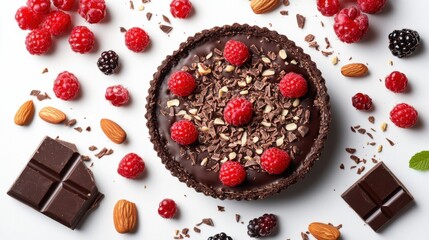 Flat lay dark chocolate cake with berries and almond flakes on white background