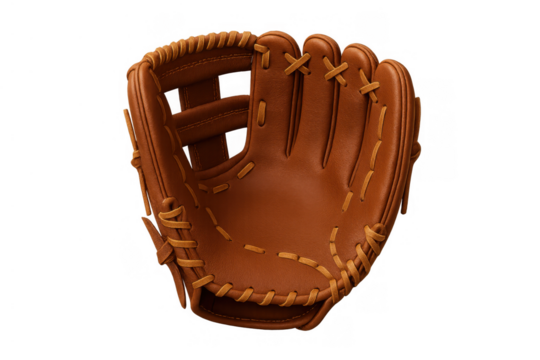 Baseball glove showing brown leather texture and stitching for sport, game, and recreation with a transparent background
