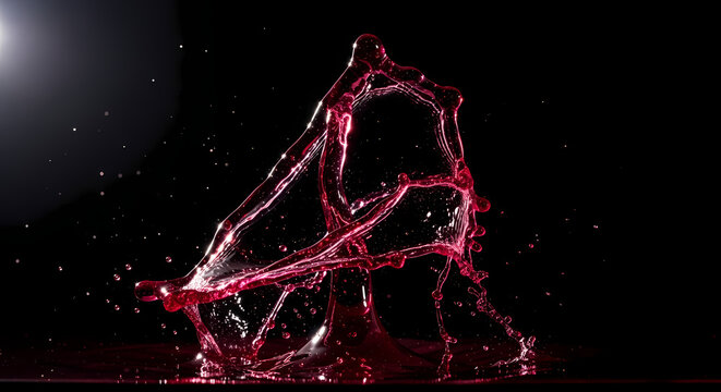 Dynamic crimson liquid splash frozen mid-air creating abstract fluid art with elegant droplets and mesmerizing motion