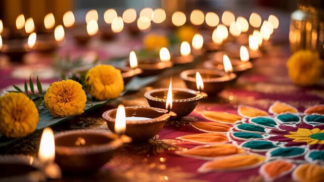 Diwali festival with rows of luminous diyas, marigold flowers, rangoli patterns.