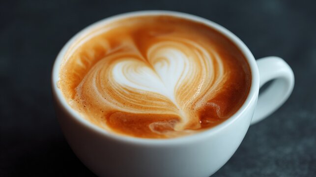 Close-up of a cup of coffee. the cup is white and is placed on a black surface. the coffee is a light brown color and has a heart-shaped latte art design on top.