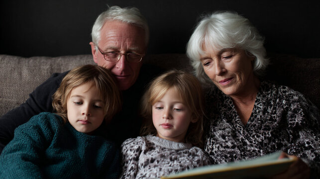 Grandparents and grandchildren reading a story.