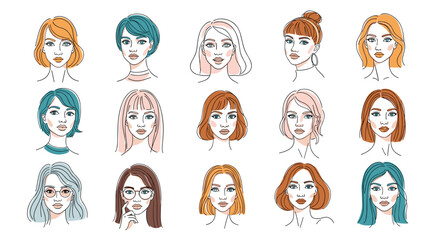 Fototapeta premium Collection of illustrated diverse female portraits with various hairstyles and skin tones.